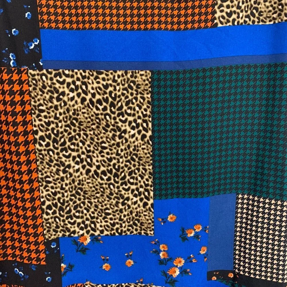 NWT Calvin Klein Ruffle Mix Print Skirt Patchwork Size 16 blue brown rust