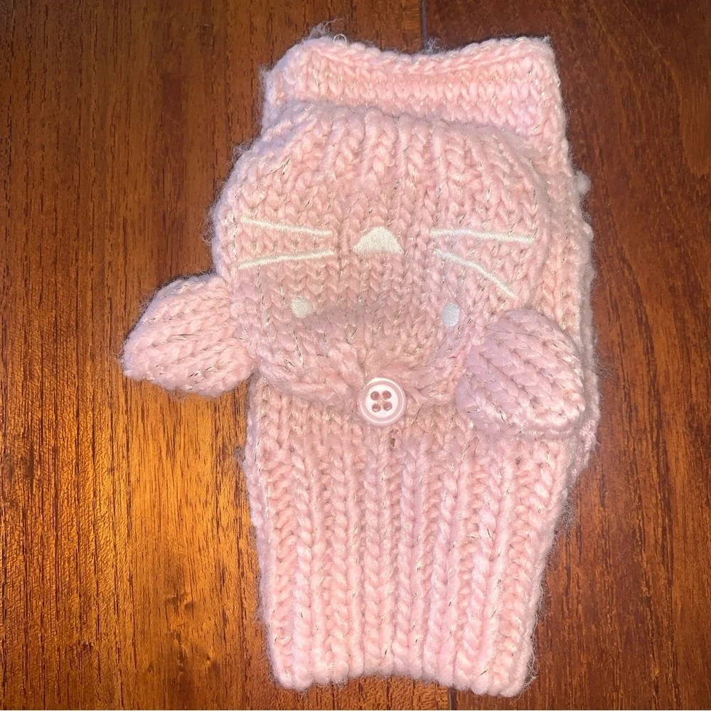 GAP Kids Girls Pink Cat Covertible Kitten Mittens Fingerless Gloves Size S 5/6