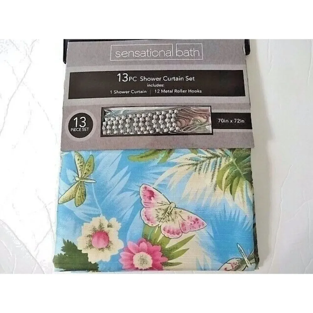 Tropical Floral Butterfly Fabric Shower Curtain 12 Metal Roller Hooks Bath NEW