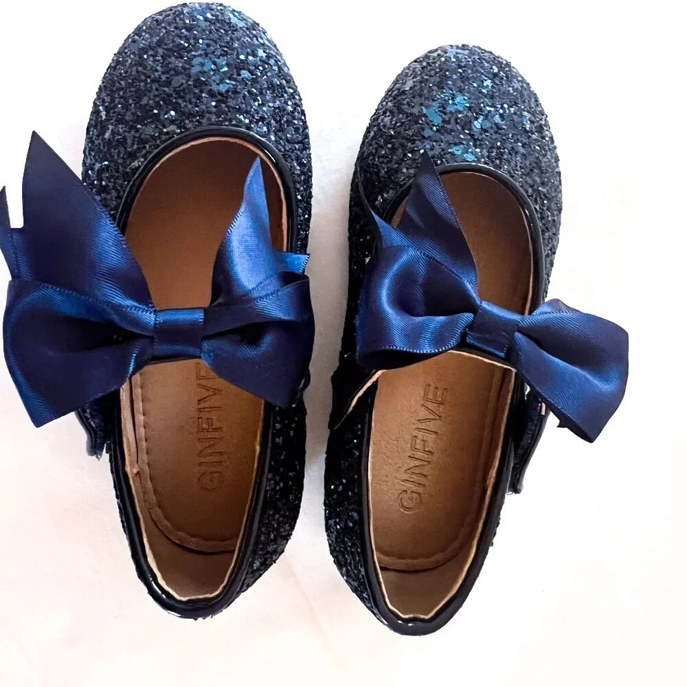 Navy Blue Rock Glitter Mary Jane Flats Toddler Girl Bow Dress Shoes