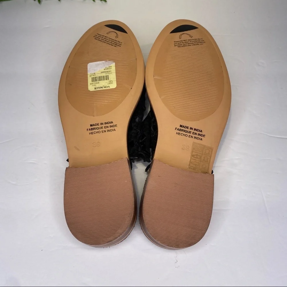 Free People Mirage Woven Leather Flat Black Fringe Slides Size 39 NWT