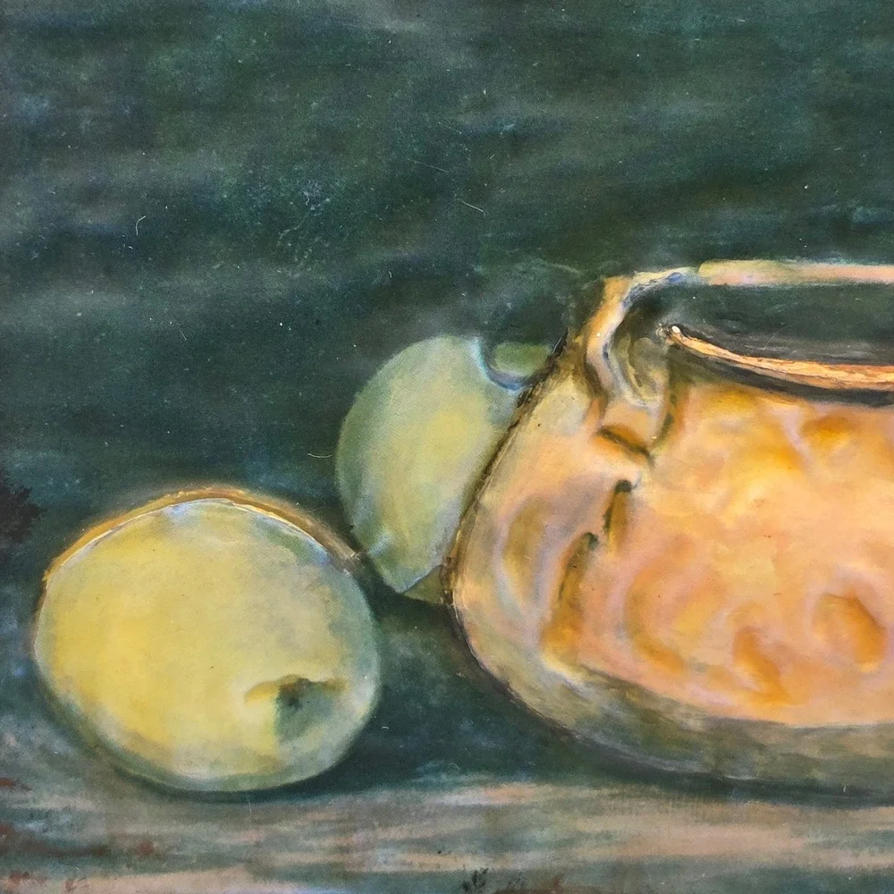 Vintage Dark Moody Still Life Wall Art Plaque Copper Pot and Apples in Relief