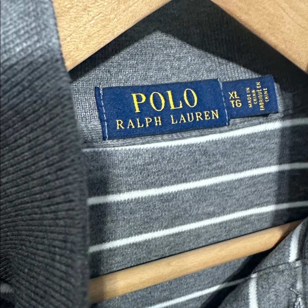 Polo by Ralph Lauren Men Long Sleeve Gray White‎ Stripe Polo Shirt Navy Logo XL
