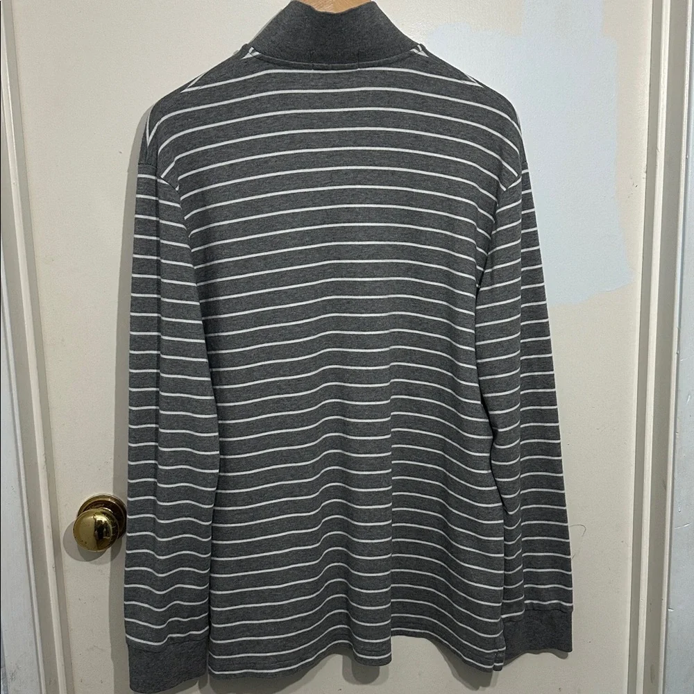 Polo by Ralph Lauren Men Long Sleeve Gray White‎ Stripe Polo Shirt Navy Logo XL