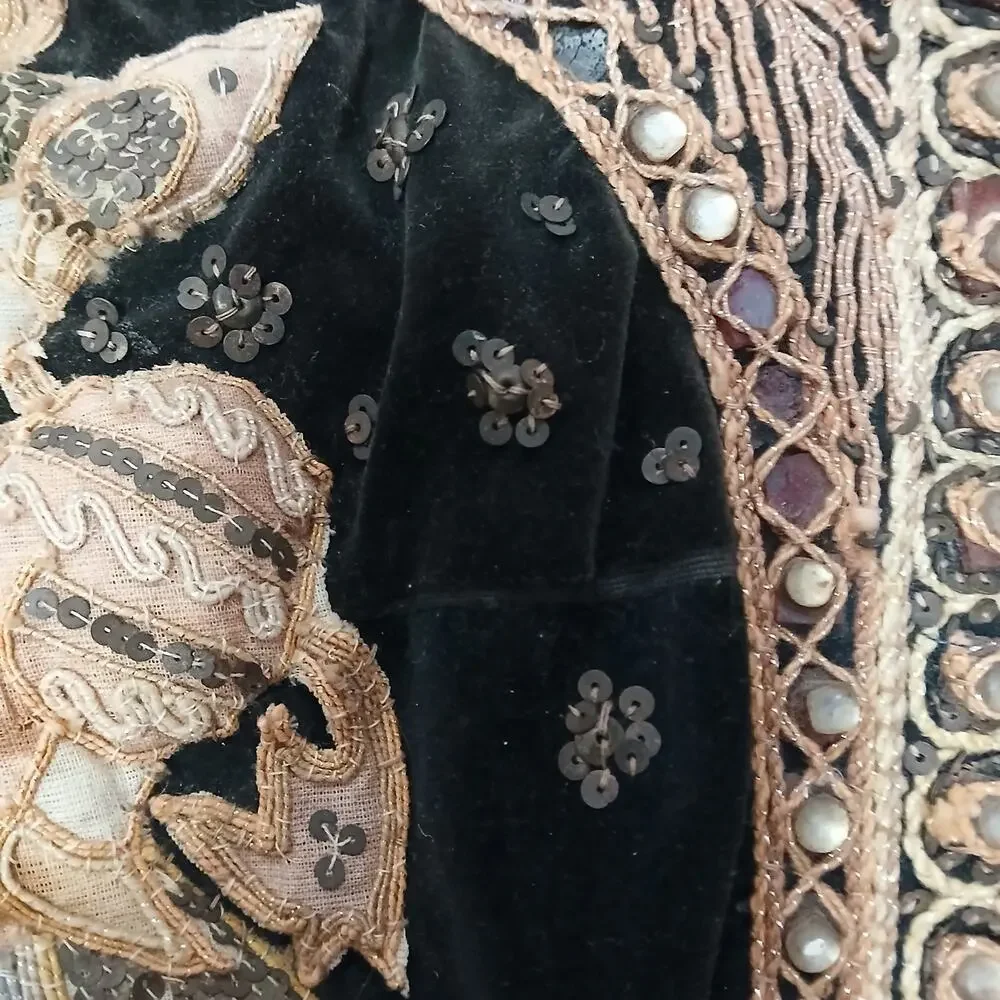 Vintage Thai Beaded Elephant Wall Hanging‎ Tapestry Velvet Gold Embroidery