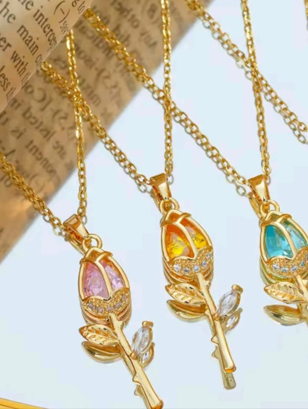 Elegant Pink Zircon Tulip Pendant Necklace Gold Tone Stainless Steel Flower