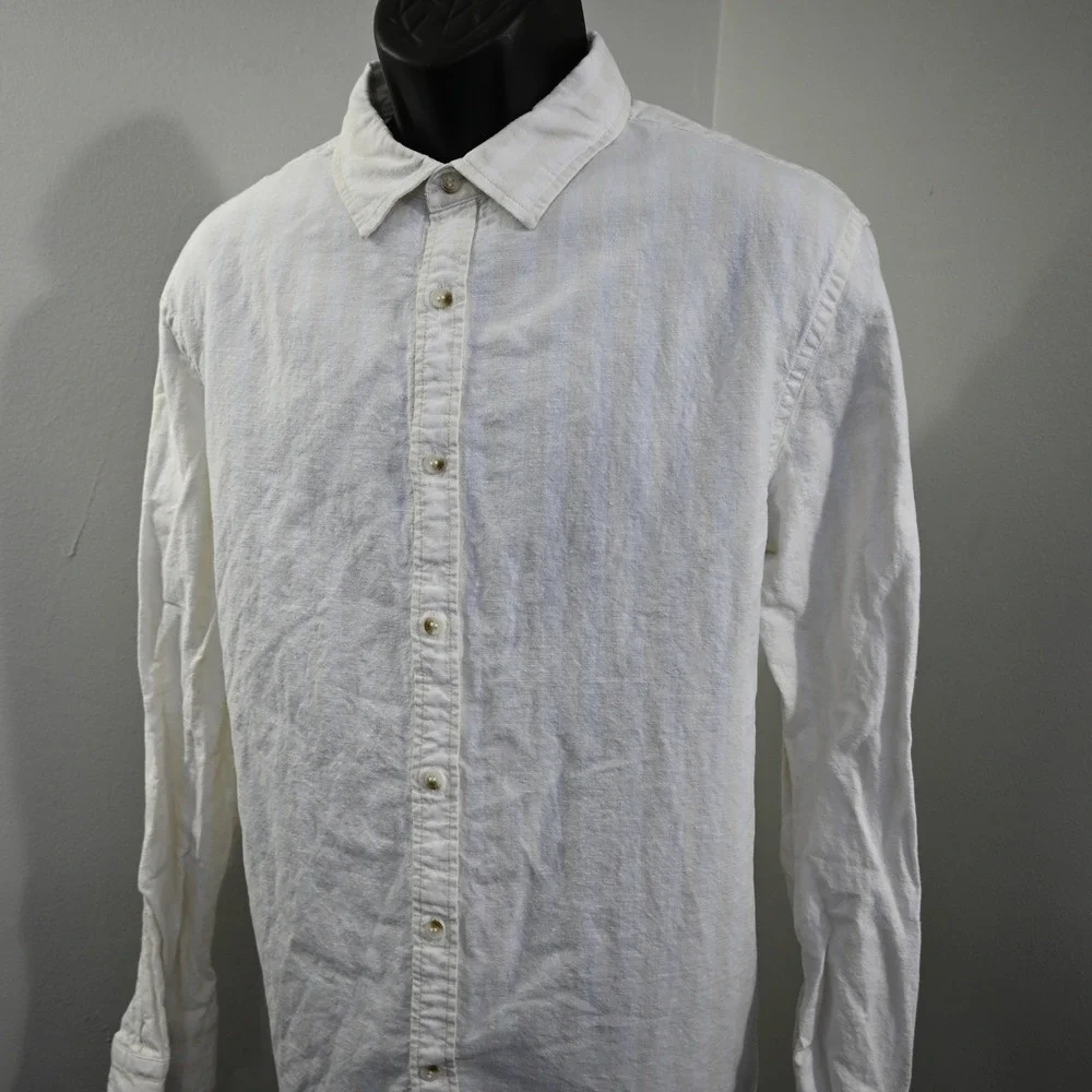 Banana‎ Republic Button Up Mens XL Untucked Fit White Striped Linen Cotton Shirt