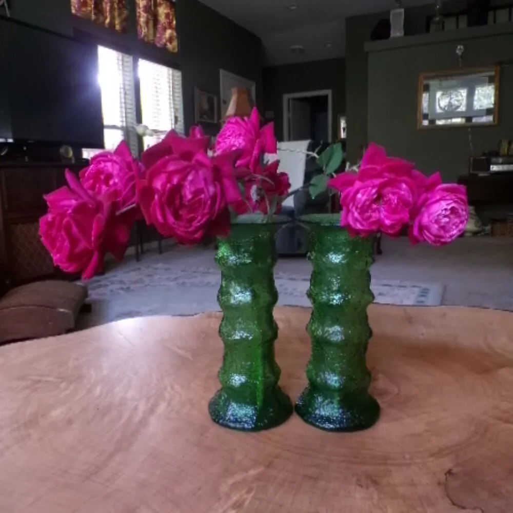 ✨️💐Rare E.O. Brody Emerald Crinkle Glass Vases/Candleholders  🇺🇸 USA Made