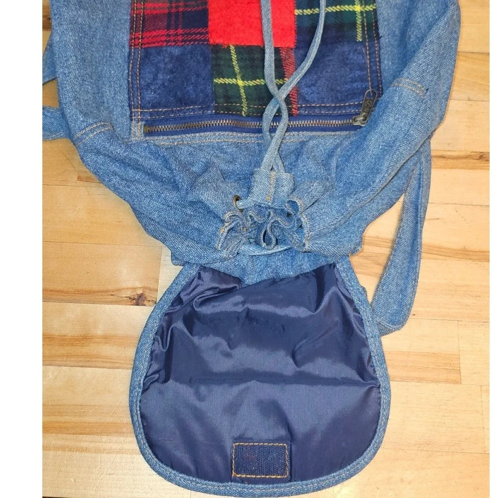Classic Traditions‎ Vintage Denim Patchwork Backpack Plaid Rucksack Blue Medium