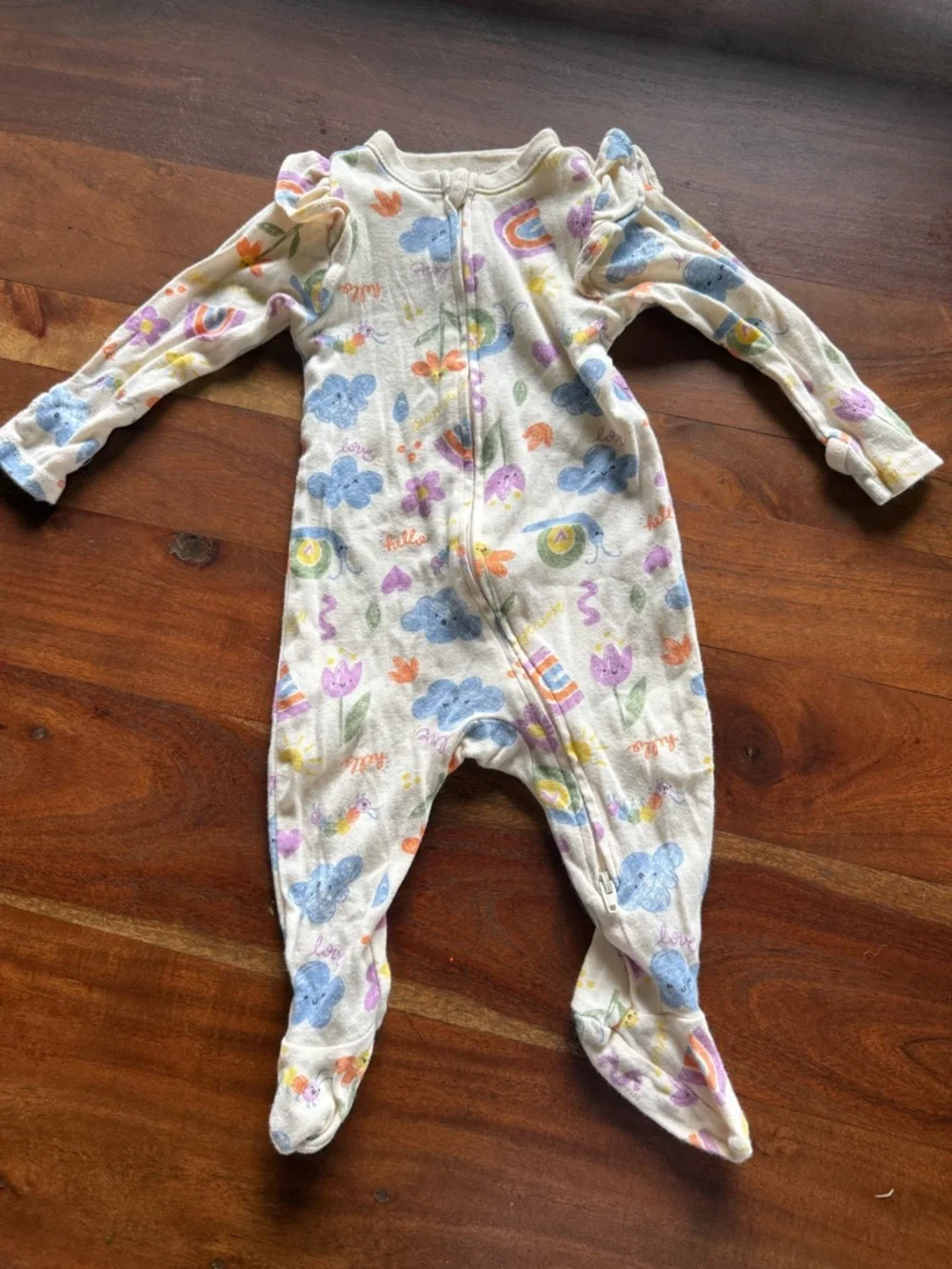 Old Navy Cream Footed Pajama One-Piece Pastel Clouds Rainbows 6-9M