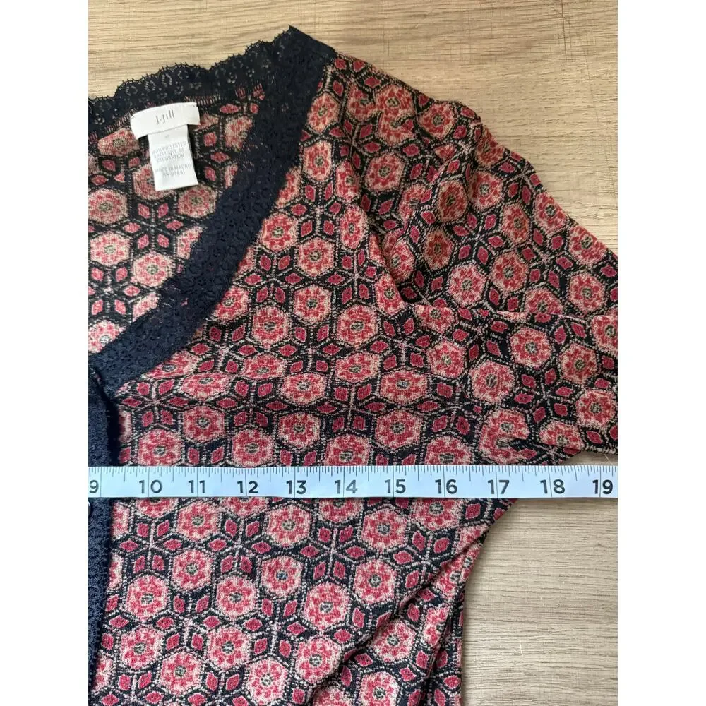 J.Jill Women’s Small Boho Floral Button Front Top Black Lace Trim 3/4 Sleeve